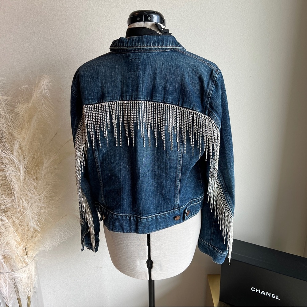 Upcycled Rhinestone Fringe Denim Jacket